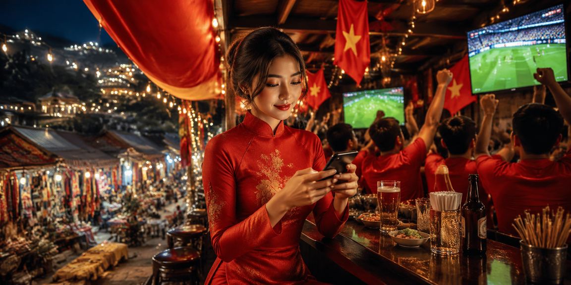 Người dùng tại Sa Pa mặc áo dài truyền thống truy cập casino di động trong không khí lễ hội